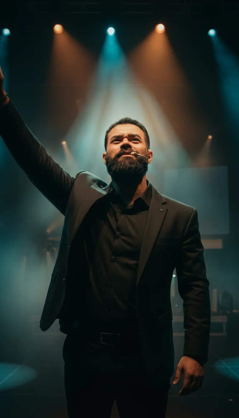 Aldo Bravo no palco, de braço erguido, durante uma imersão
