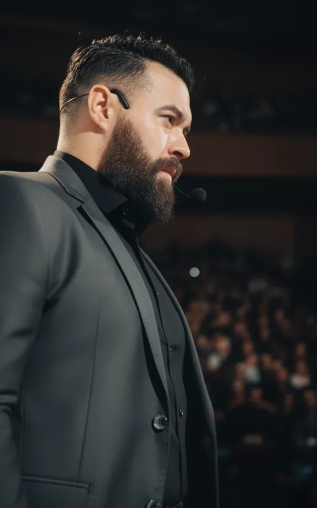 Aldo Bravo de perfil, no palco